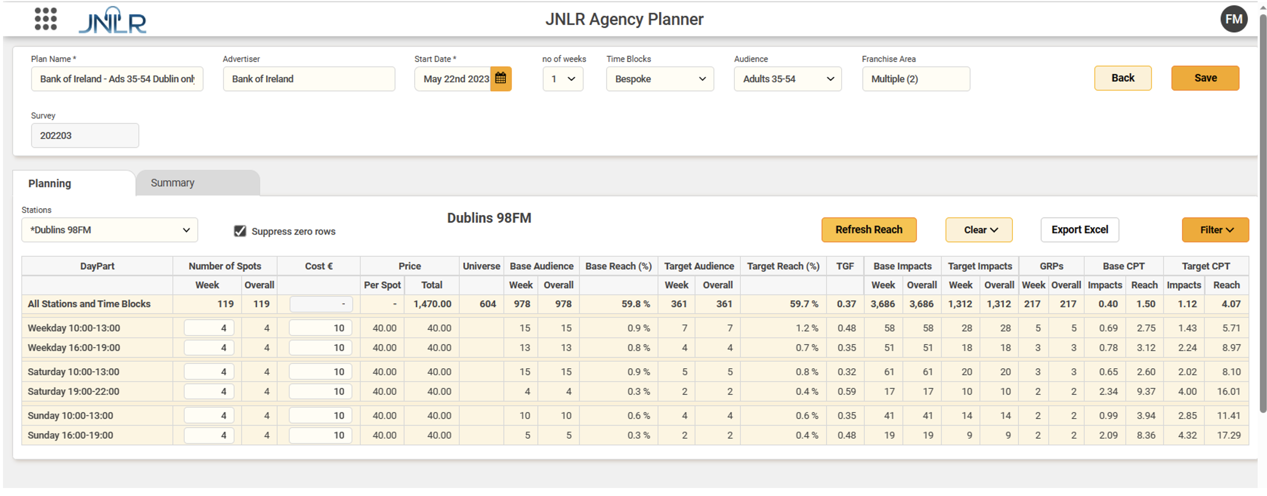 JNLR Agency Planner full planning view