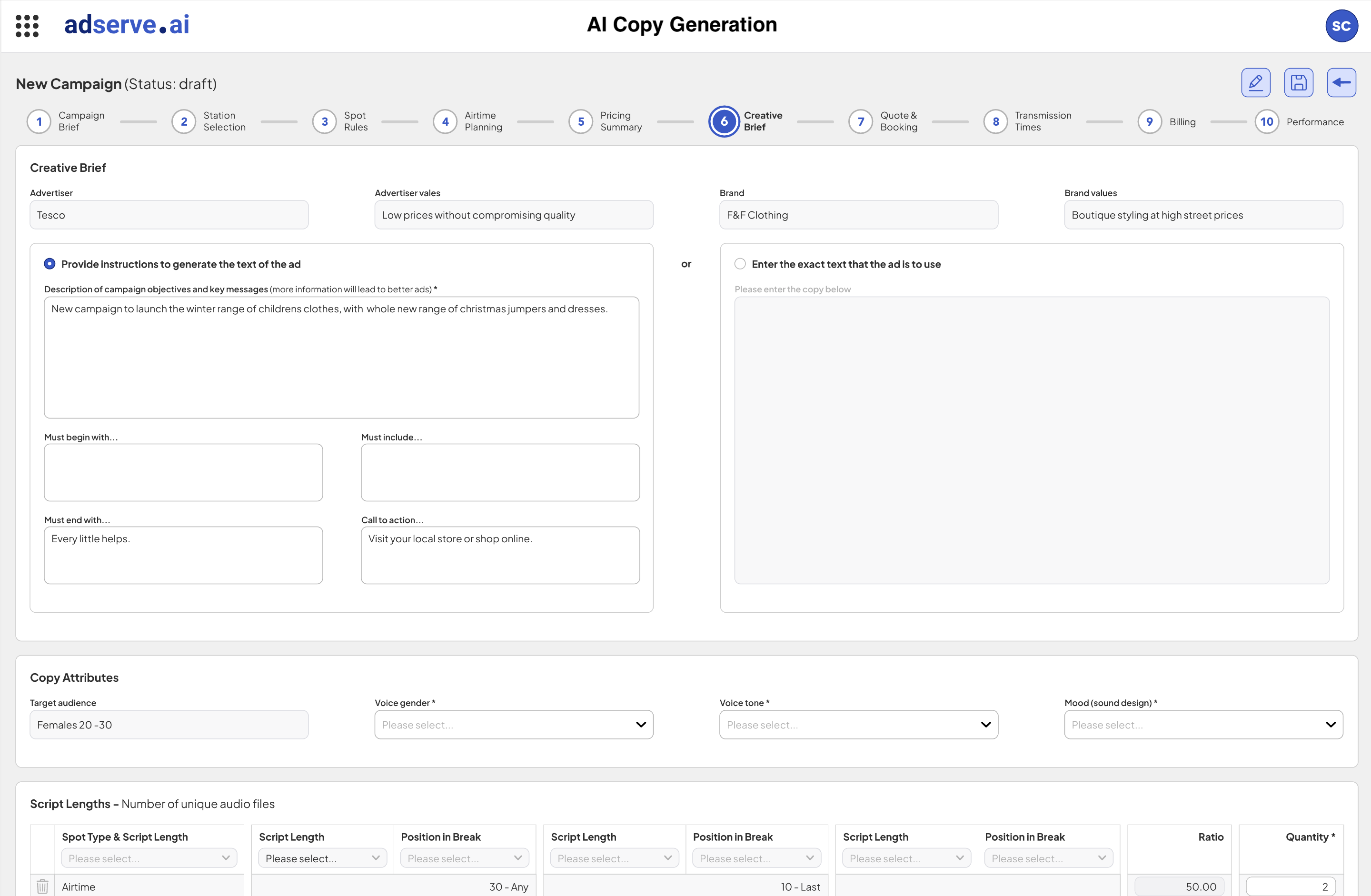 AI copy generation: a campaign brief on the left producing broadcast-ready script variants on the right.