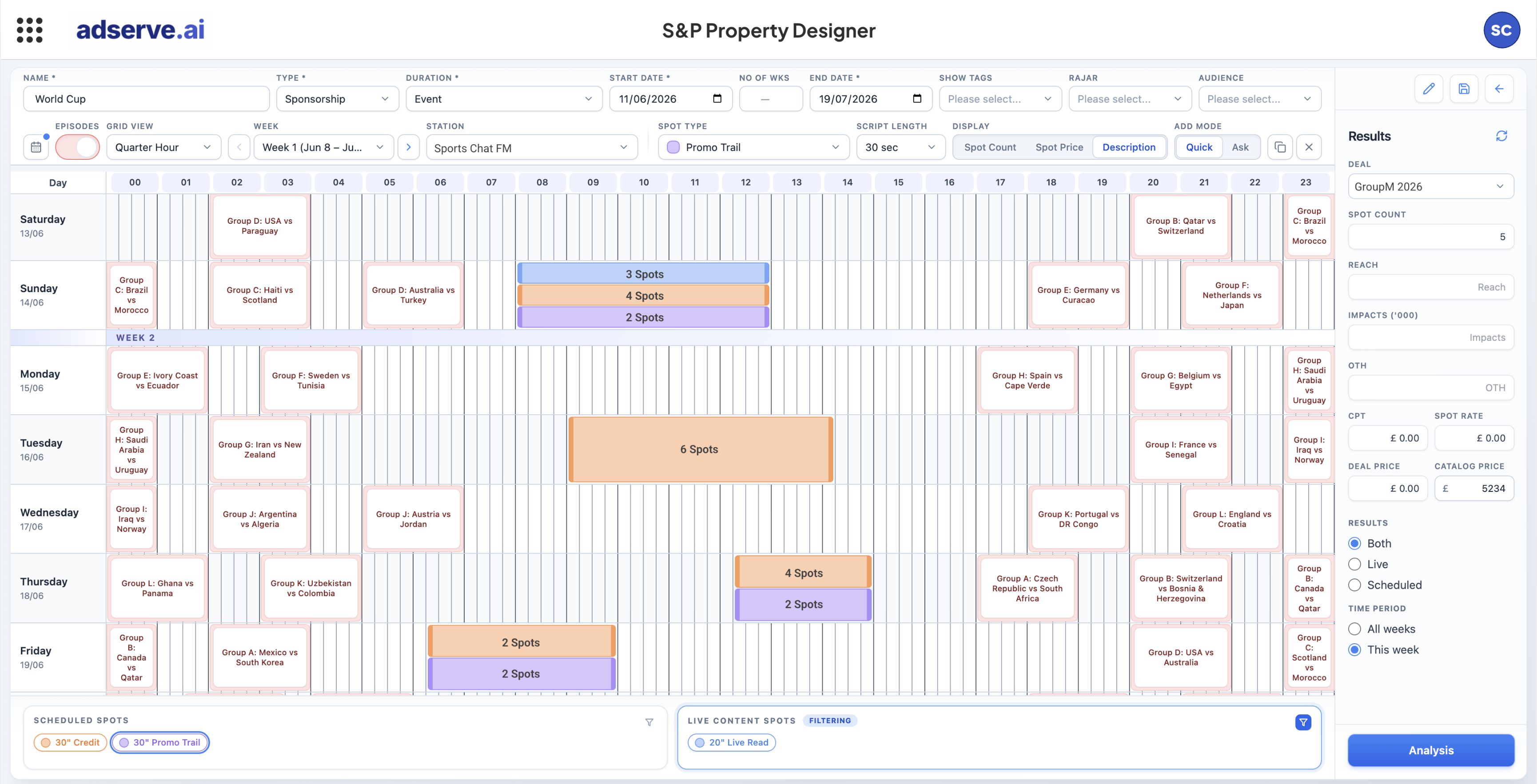 S&P Property Designer — visual day-by-time grid with sponsor packages overlaid on the schedule