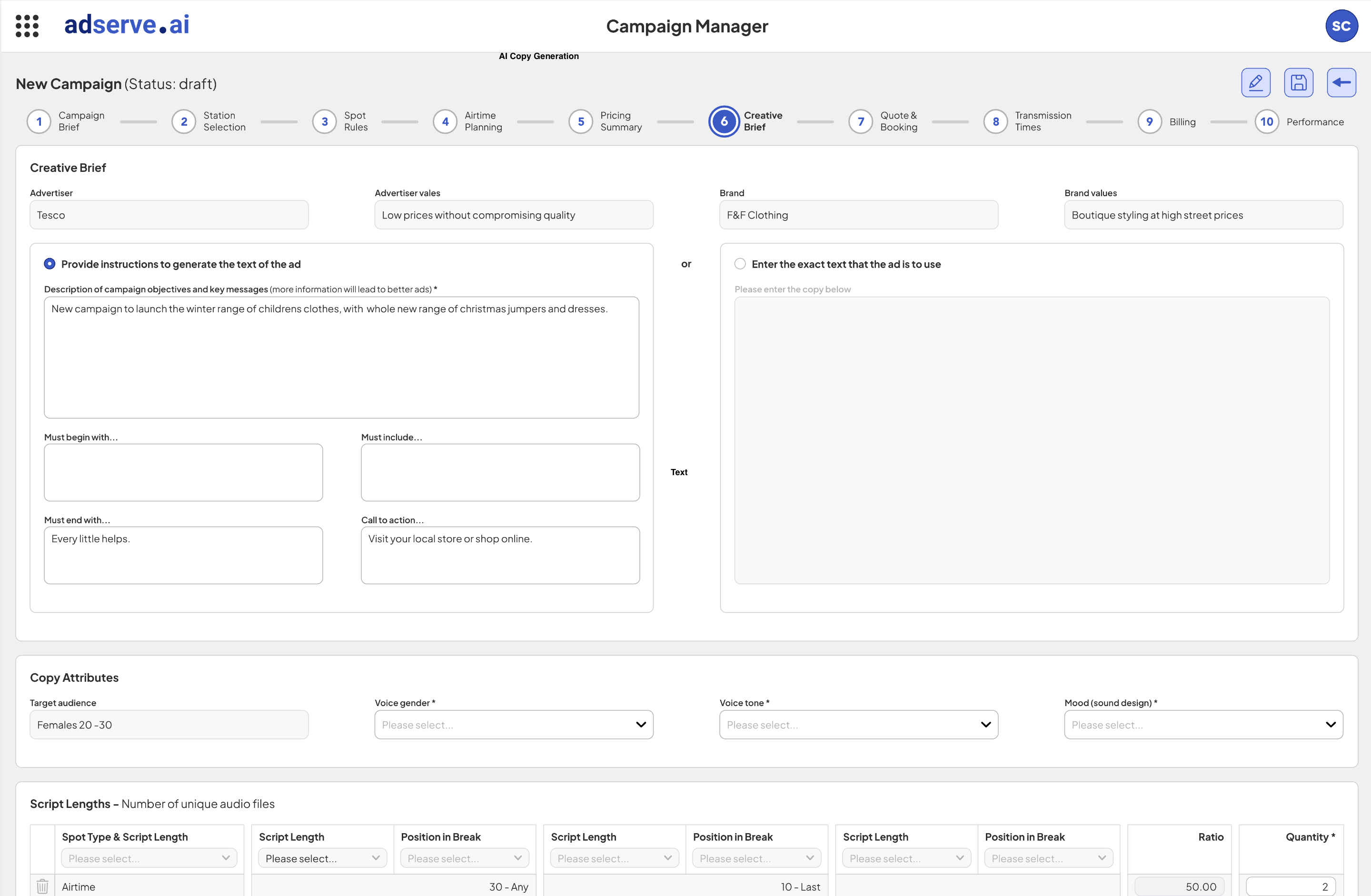 AI copy generation — campaign brief to broadcast-ready script