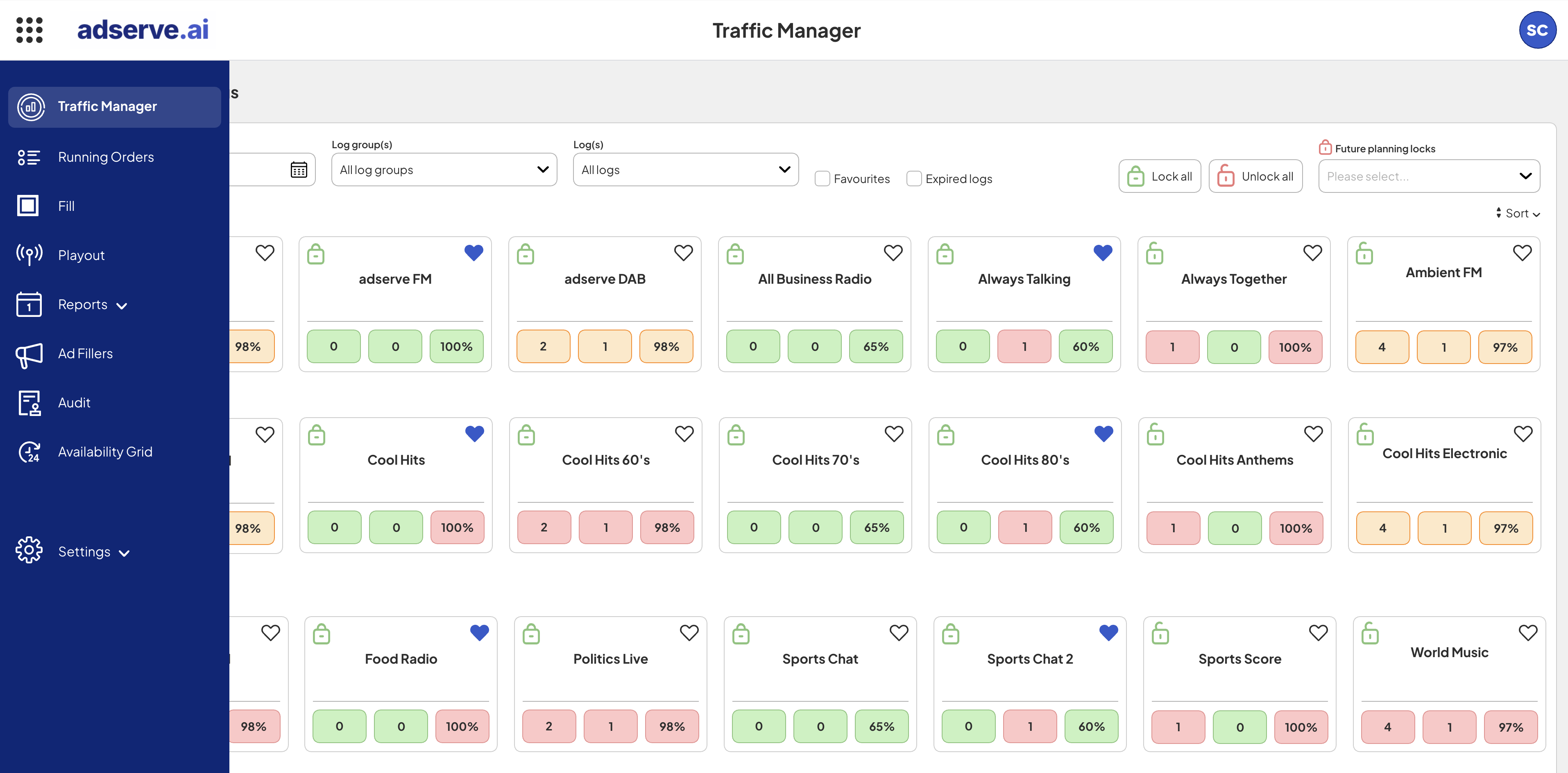 Traffic log view — break composition and running order across stations