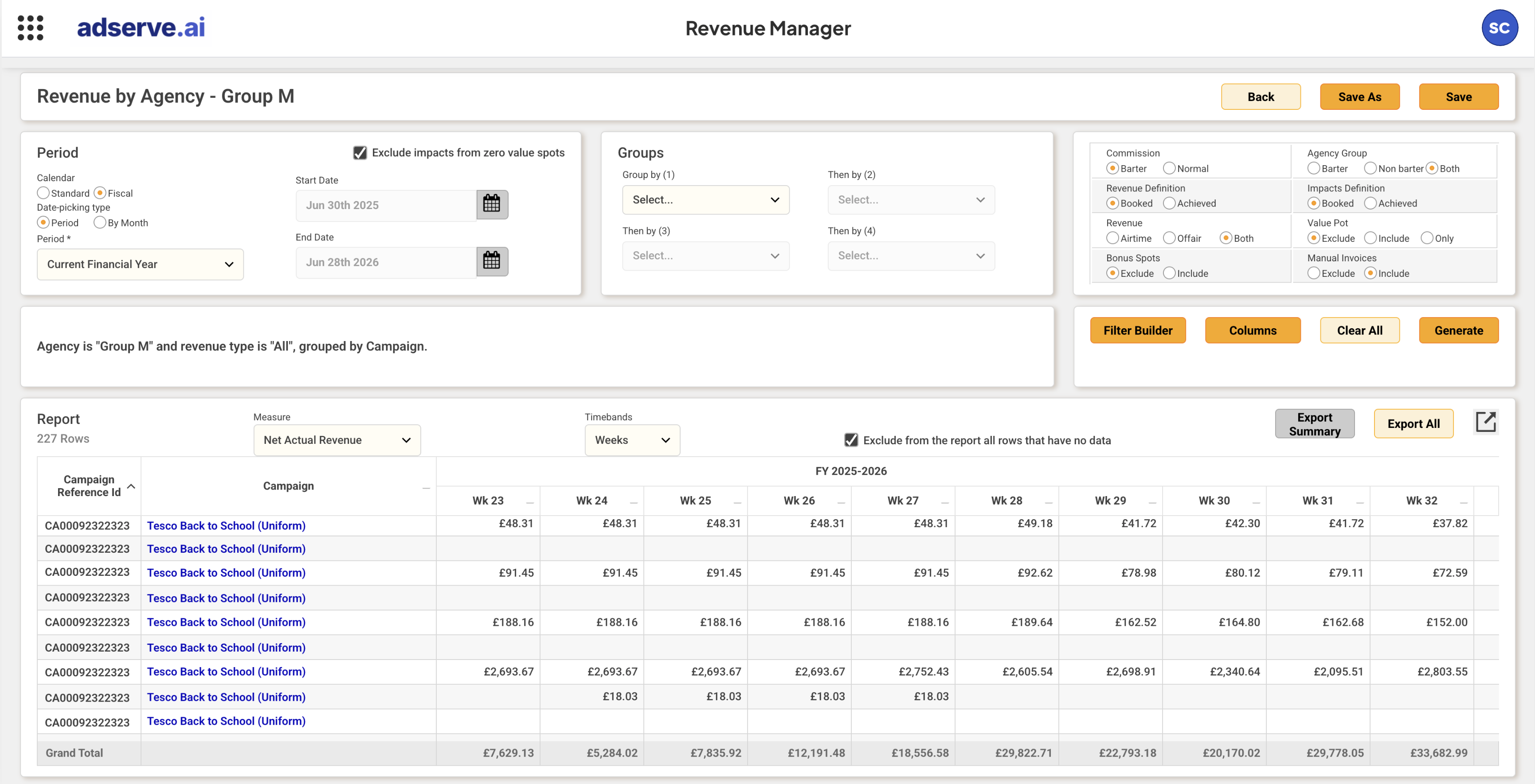 Revenue Manager: revenue by agency and campaign, broken down by week across the financial year.