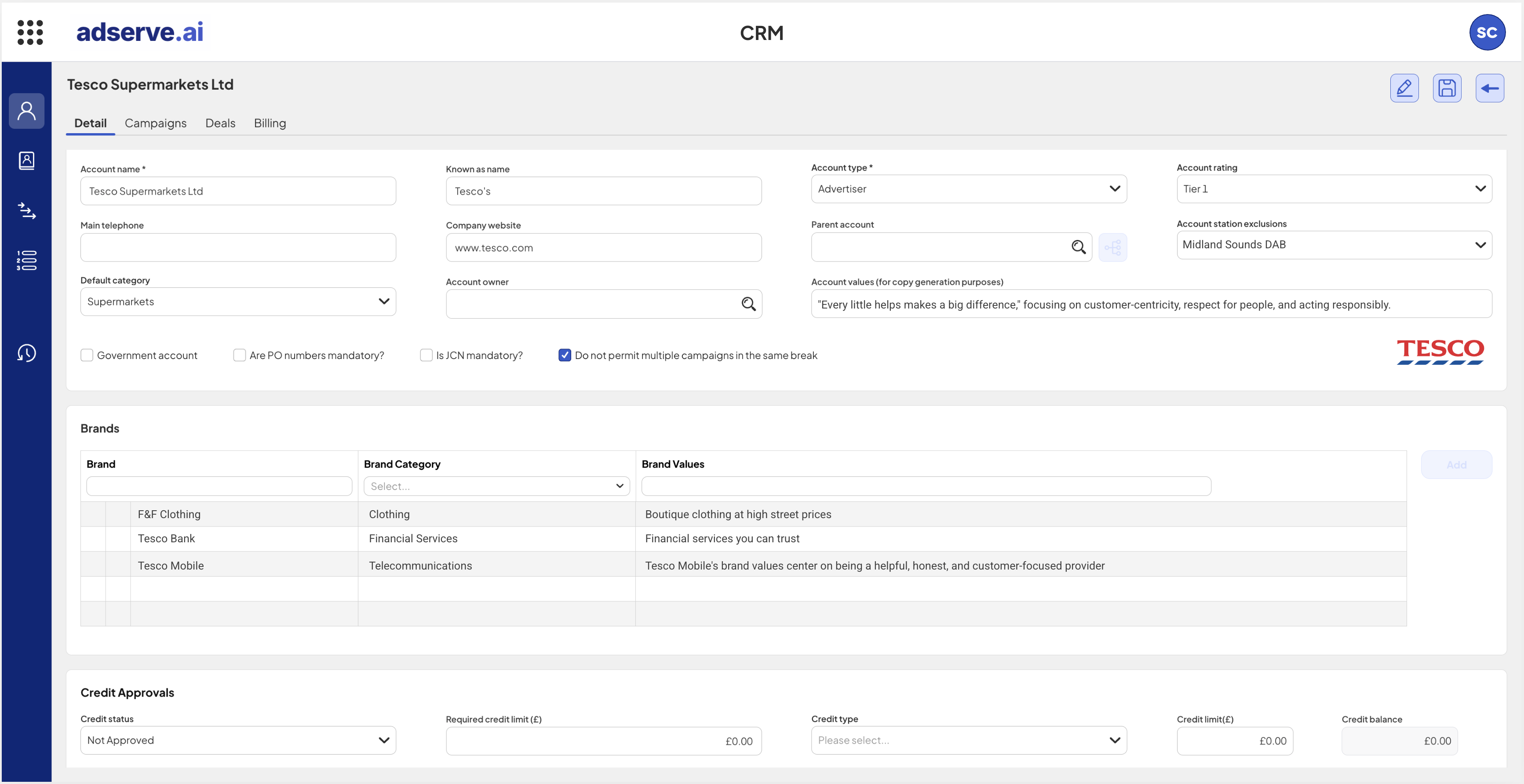 CRM client view — agency, advertiser, brand and buying point hierarchy