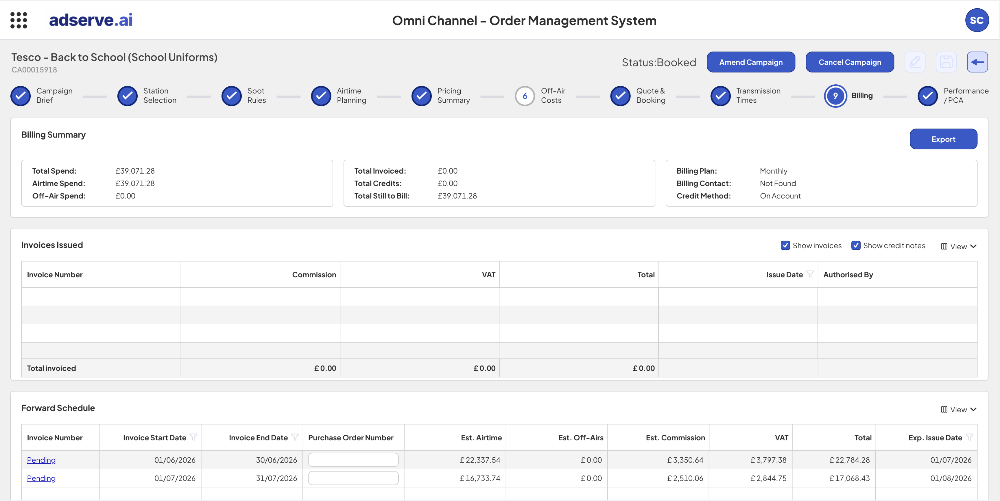 Revenue dashboard — pacing, forecasting and billing reconciliation