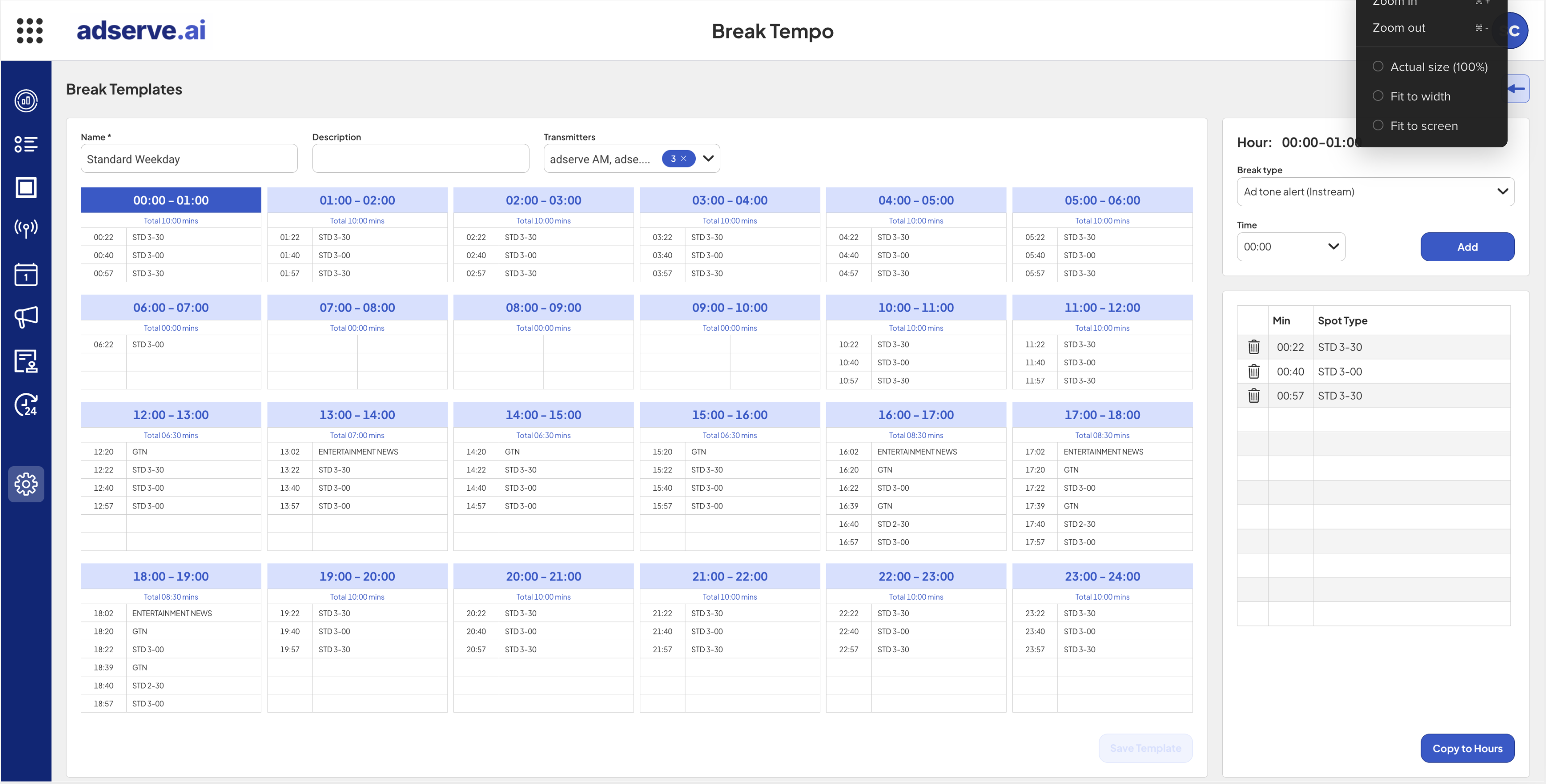 Break management: break templates laid out across the transmission day with spot composition and separation rules.