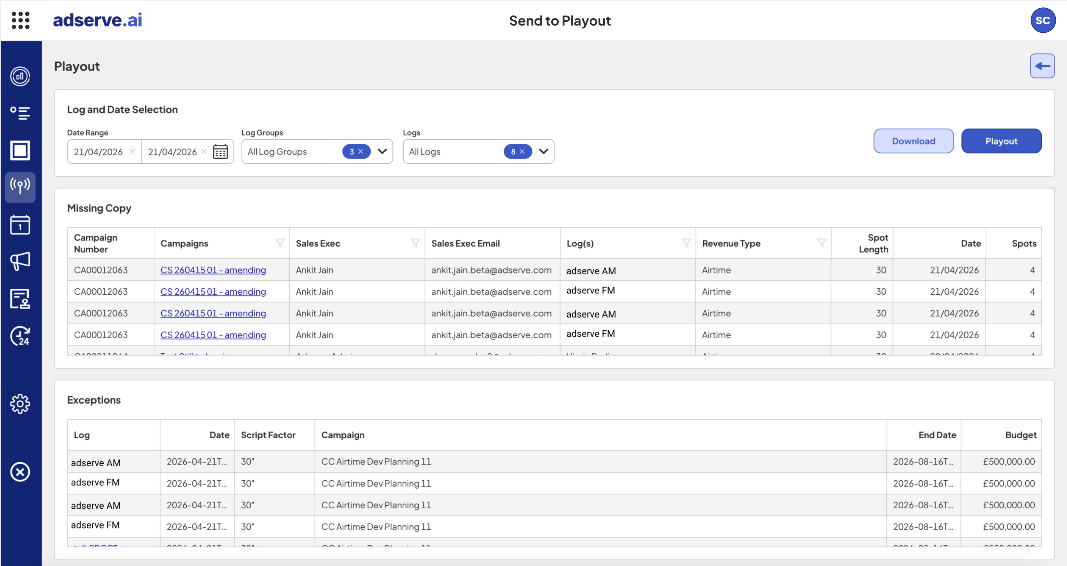 Playout system status and sync